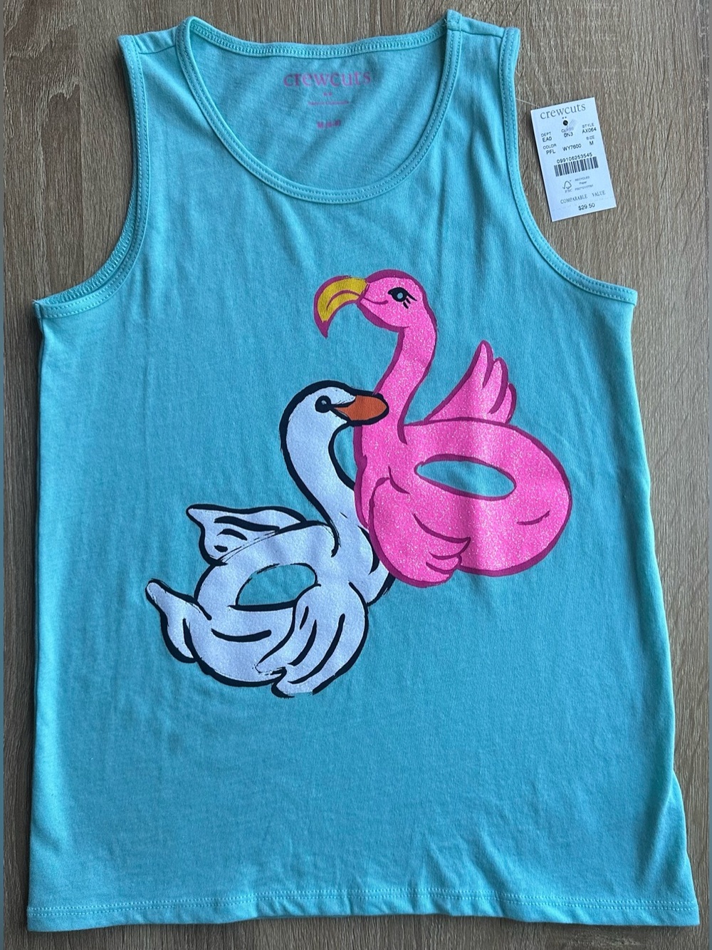 Crewcuts Aqua Tank Top with Pink Flamingo & White Swan Float Graphic Sz 8/9